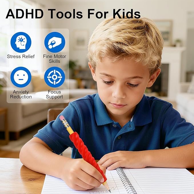 Sensory Pencil Grips for Kids 4 Pack, Quiet Classroom Fidget Toys, Textured Silicone ADHD & Autism Calming Tools, Anxiety Relief Item for Adults & Teens, Christmas Stocking Stuffers Gifts