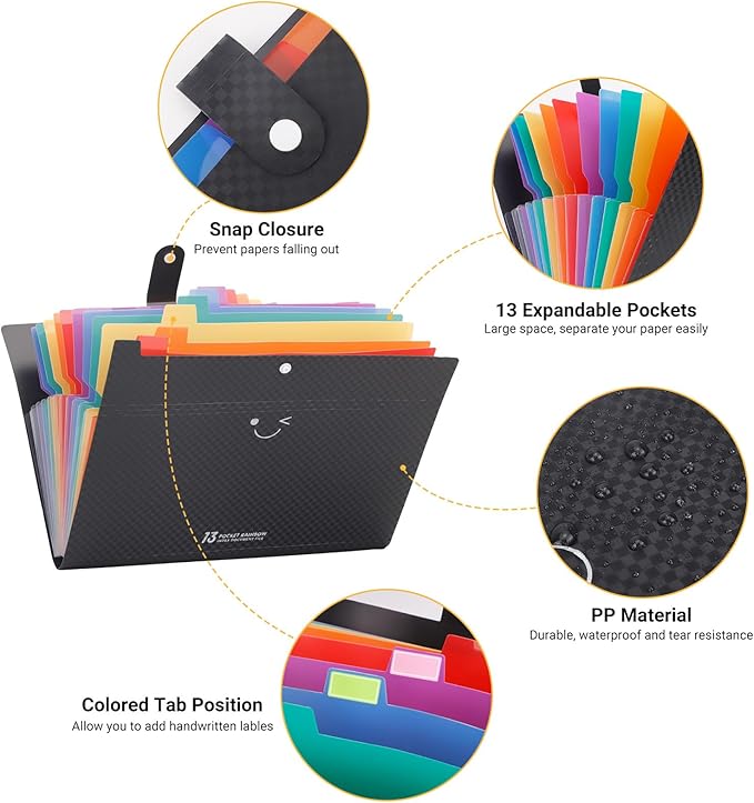 2PCS Expanding File Folder with 13 Pockets, Accordion A4 File Organizer with 160PCS Labels, Plastic Portable Receipt Paper Bill Document Organizer for School Office Supplies (Black)