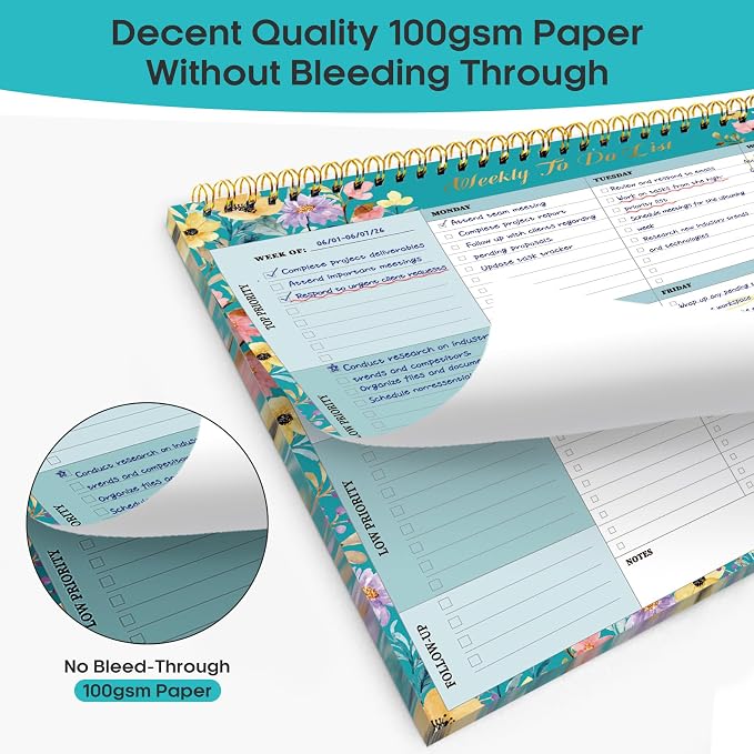 Weekly To Do List Notepad with 52 Undated Sheets（8.5"×11"）- Weekly Desk Planner for Women & Man, Work and Home - Floral