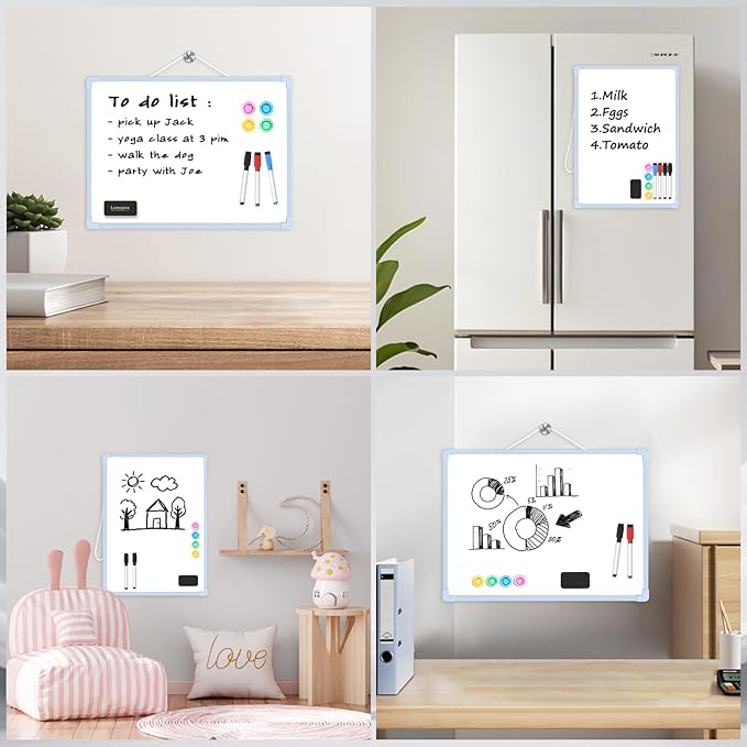 Blue Frame Small Dry Erase Board for Wall, 16" x 12" Double-Sided Hanging Whiteboard with 4 Markers, 4 Magnets and 3 Mini Sticky Notes, Portable Whiteboard for Kids, School, Home, Office