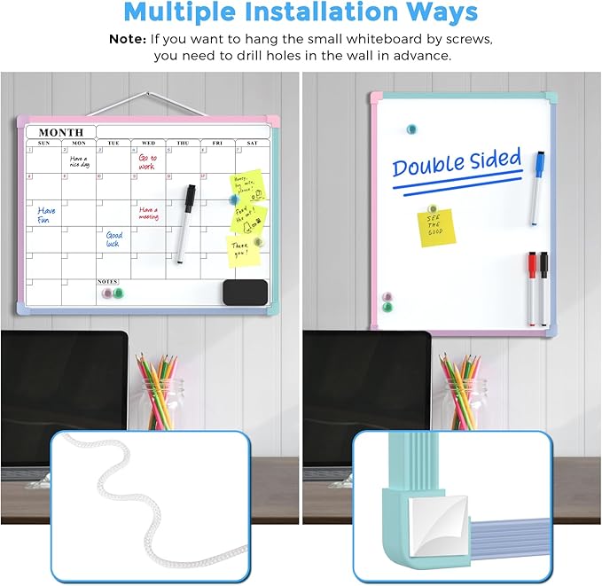 MaxGear Monthly Calendar Dry Erase Board for Wall, 16"x12" Small Hanging Double-Sided White Board, Portable Whiteboard for Planning, Drawing, Memo, to Do List, School, Home, Office, Macaron Frame