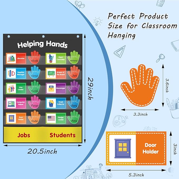 ABCxGOOD Helping Hands Pocket Chart,Classroom Jobs and Management Pocket Chart, Preschool Classroom Must Haves Supplies, Great for Classroom Homeschool. (Black) (Black, 29"*20.5")
