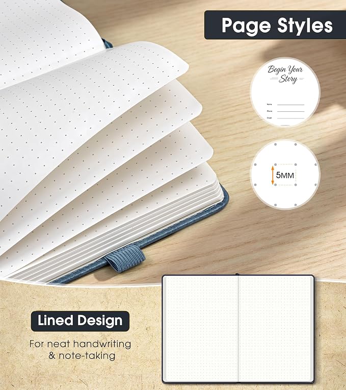 Dotted Journal Notebook, A5 Leather Hardcover, 160 Pages, 180° Lay-Flat Binding, 100 GSM Thick Paper, Dot Grid for Bullet Journaling, Planning & Daily Organization (Dusty Blue)