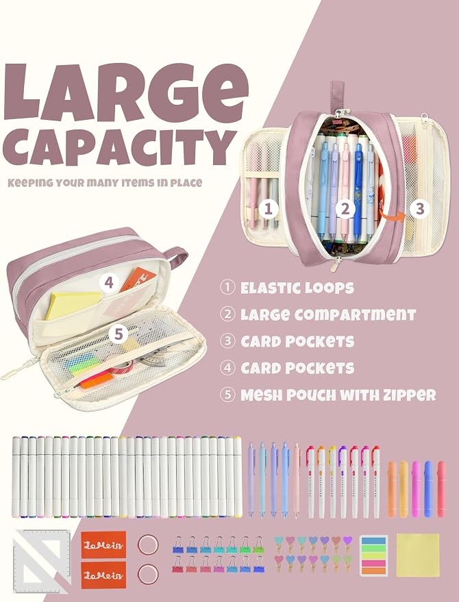 SUNEE Cute Pencil Case, Aesthetic Pen Pouch with 3 Compartments, Kawaii Colored Large Pencil Bag with Zipper, Stationery Storage and Organizer, Purple School Supplies for Teen and Adult Girls