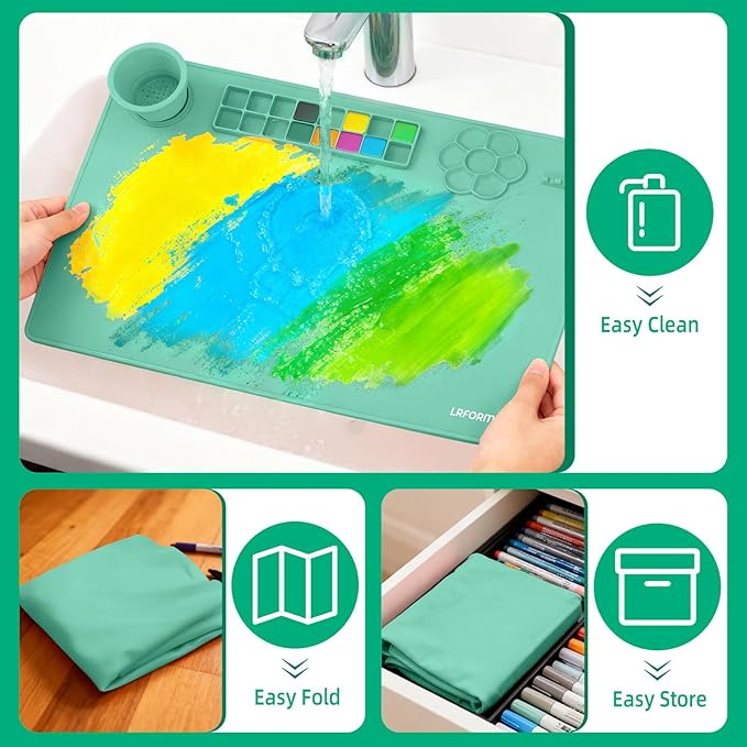 Silicone Craft Mat, Paint Pad with Detachable Cleaning Cup, Paint Mats with 3 Painting Brushes, 23.6 x 15.8in Nonslip Art Mat, Painting Station Reusable Art Supplies for Kids(Green)