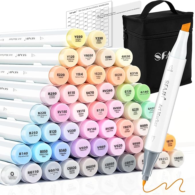 SFAIH Alcohol Markers Chisel & Fine - 51 Pastel Colors Double Tipped Art Markers for Adult Coloring Sketch Illustration Comics, Gifts for Artist Adult, Dual Tip, Colorless Blender