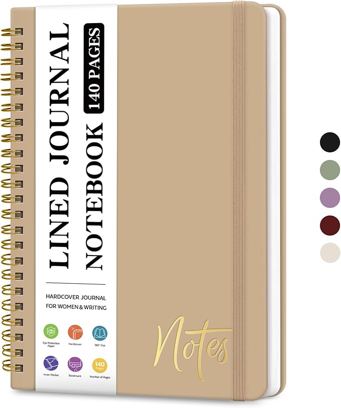 ZOTIA Lined Spiral Journal Notebook for Women, A5 College Ruled Journals for Writing, Hardcover Notebooks for Work, Note taking and Office School Supplies,140 Pages - Oat Brown