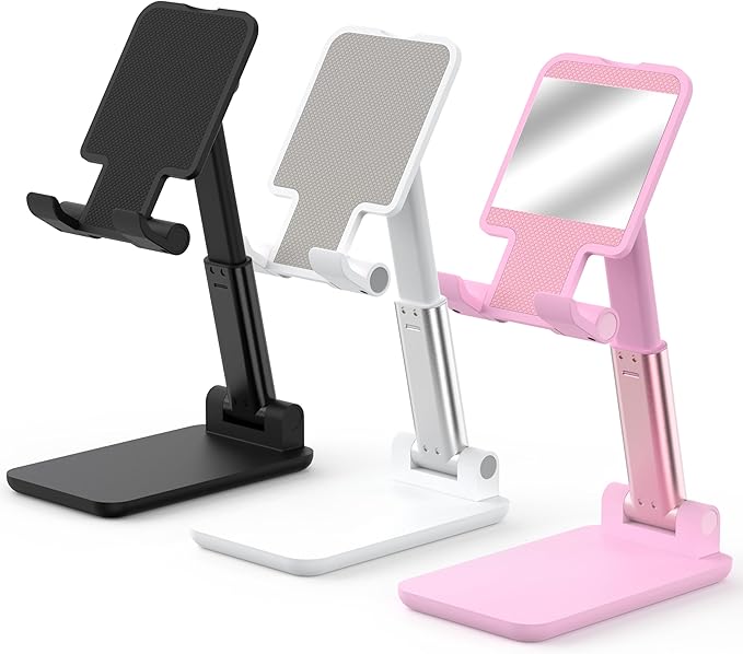 Cell Phone Stand, Adjustable Angle and Height Cell Phone Holder for Desk, Foldable and Portable, Anti-Slip Silicone Pad, Compatible with All Mobile Phones and 4-8 Inch Devices (Black&White&Pink)