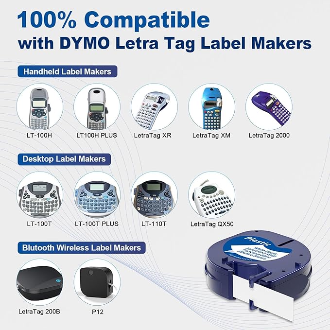 Label Tape Replace for Dymo Letratag Refills White Plastic 12mm x 4m Compatible with Dymo Label Maker Refills 1/2" 13' for LT-200B 100H 100T Plus QX50 XR XM 2000, 3-Pack White Plastic Tape Set