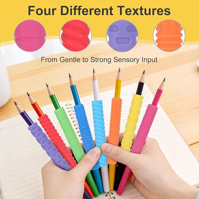 Textured Pencil Grips for Kids Handwriting, 8 Pack Pencil Fidgets & Pencil Grippers with Side Opening, ADHD & Autism Sensory Tools for Classroom, Quiet Fidget for School, Pen Grips for Adults