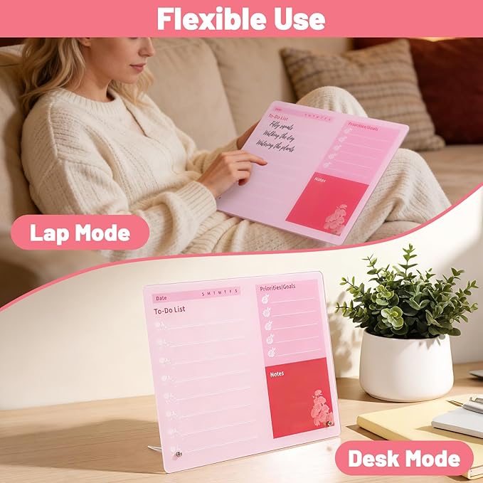 LeMotech Desktop Acrylic Dry Erase Board, 12x10 inches to-Do List Planner, Tabletop Whiteboard with Stand Office Supplies Includes 2 Markers & 1 Eraser, Pink Rose Pattern, 1 Pack