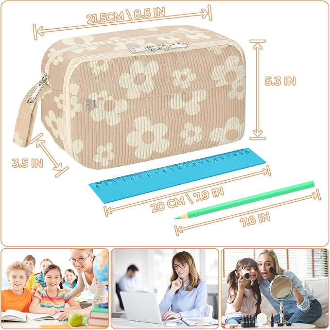 WOBAGMEN Cute Pencil Case,Large Corduroy Zippered Pencil Case Pouch, aesthetic Pencil Bag with Compartments, Pencil Pouch School Supplies (HY-corduroy pc-brown floral)
