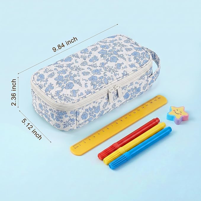 Cute Floral Quilted Pencil Case for Girls, Large Aesthetic Pen Pouch with Handle, Multi Compartment Stationery Organizer, Portable Travel Cosmetic Makeup Bag Back to School