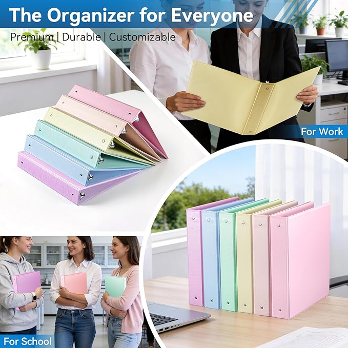SUIN 1.5-Inch 3-Ring Binder with 2 Interior Pockets, Brushed Texture View Binders Assorted Colors, Holds 325 Sheets School Office Home, 6 Pack