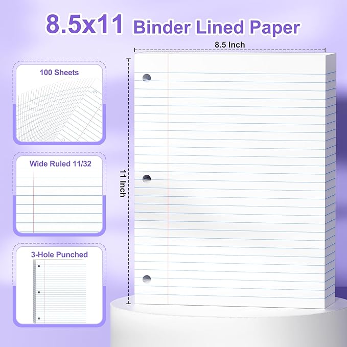 Loose Leaf Paper, 8.5x11 Wide Ruled, Notebook Paper for 3 Ring Binders, White Binder Notebook, 3 Hole Punch Paper, 100 Sheets/pack, 2 Pack