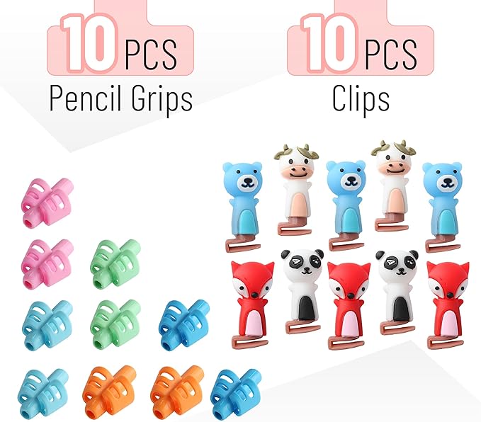 Mr. Pen- Pencil Grips for Kids Handwriting, 20 PCS (10 Finger Grips+10 Clips), Pencil Holder, Grippers, Pen Grip