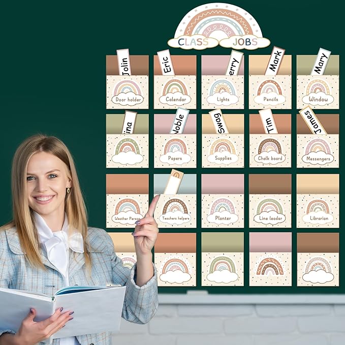 81 Piece Boho Rainbow Class Jobs Bulletin Board Boho Rainbow Themed Classroom Jobs Pocket Chart Set Teacher's Helper Chalkboard Decor Classroom Bulletin Board Set Wall Decoration for Back to School