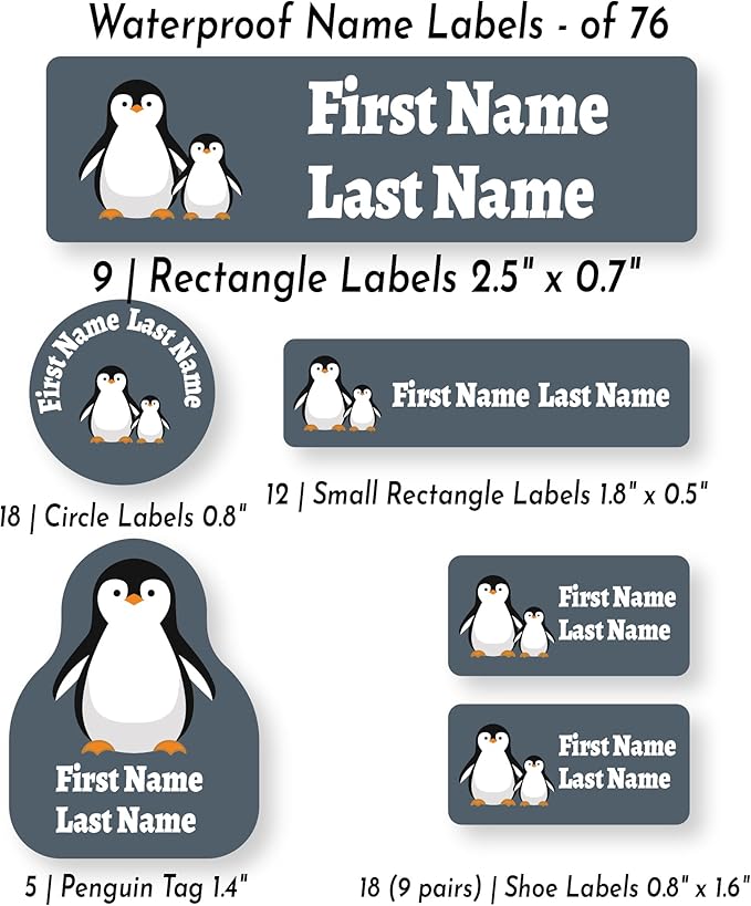 Personalized Kids Name Labels – Waterproof Custom Stickers for Daycare & School, Dishwasher & Laundry Safe (Light Grey Penguin)