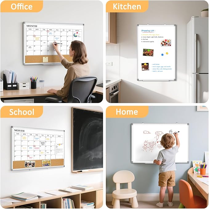 Dry Erase Calendar Whiteboard for Wall, 30"x20" Magnetic Monthly White Board Cork Board Combo, Double Sided, Aluminum Frame, Wall Hanging Wipe Board for Home, Office, School, Dorm