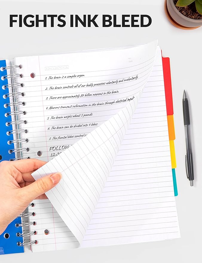 SUNEE Spiral Notebooks for Work with Removable Dividers & Tabs – College Ruled 5 Subject, 300 Pages, 3 Hole Punched, Durable PP Cover, 8"x10.5" – Notebooks for Office or School, Grey Blue