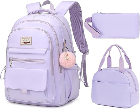 School Bag for Teens Girls,Girls Backpack Set,3 PCS Kids Backpack for Women,15.6 Inch Laptop Middle High School College Student Casual Travel Daypack with Lunch Box Pencil Pouch Set(Purple)