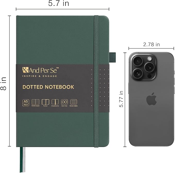 &And Per Se Dotted Journal Notebook, A5 Hardcover Leather Bullet Dotted Journal, 160 Pages 100 gsm Thick Paper, 3 Sheets of Stickers Included - 5.7'' x 8'' （Green）
