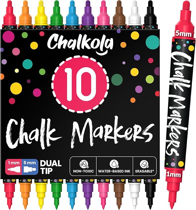 Chalkola Dual Tip Liquid Chalk Markers for Blackboard (10 Pack, 1mm+5mm Fine, Bold) - Dry Erase Marker Pens for Chalkboards Signs, Car Windows, Glass, Mirrors - Erasable Chalkboard Markers