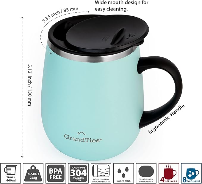 GRANDTIES Insulated Coffee Mug with Handle - Sliding Lid for Splash-Proof 16 oz Wine-Glass Shape Thermal Tumbler with Double Walled Vacuum Stainless Steel to Keeps Beverages Hot or Cold (Powder Green)