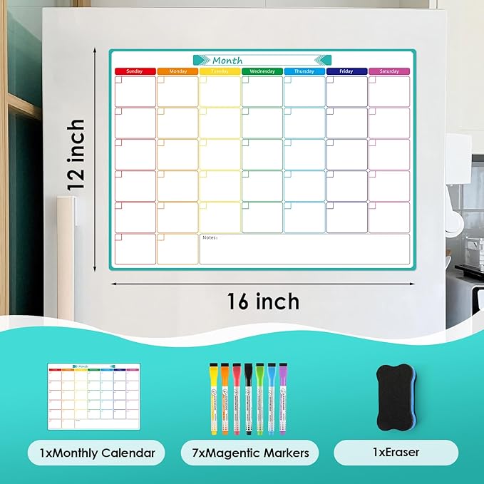 MaxGear Monthly Magnetic Calendar for Fridge, 16" X 12" Fridge Calendar Whiteboard, Reusable Magnetic Dry Erase Calendar White Board Planner for Refrigerator with 7 Fine Point Markers, 1 Eraser