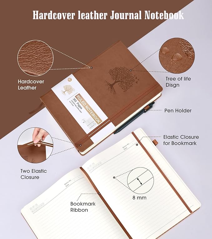 Lined Journal Notebook -365 Pages A4 Big Journal for Writing Men Women, College Ruled Notebook, Hardcover Leather Journal, Daily Journal Notebook for Work, Note Taking, 100Gsm Paper( 8.5" x 11" Brown)