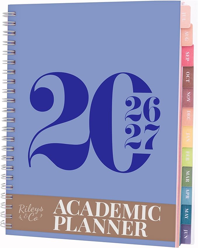 Rileys Academic Planner 2026-2027, Daily, Weekly & Monthly Planner, July 2026 - June 2027, Student Notes Pages, Twin-Wire Binding, Weekly Agenda for School & Work (8 x 6-Inches, Typographic, Blue)