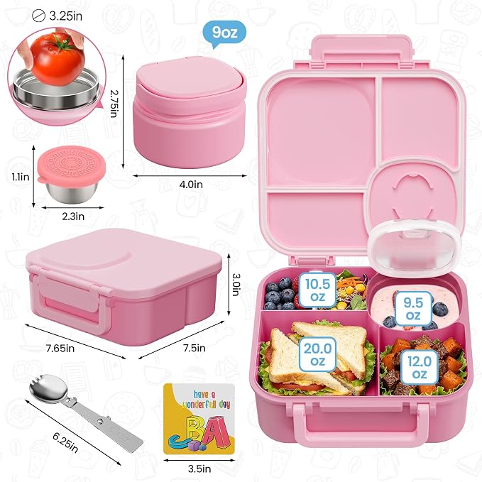 wiwens Kids Bento Lunch Box with Soup Thermo Food Lunch Container for Kid | 4 Compartment Leak-Proof Kids Lunch Box,9oz Stainless Steel Insulated Hot Food Jar,for Boys Girls Toddler to School Travel