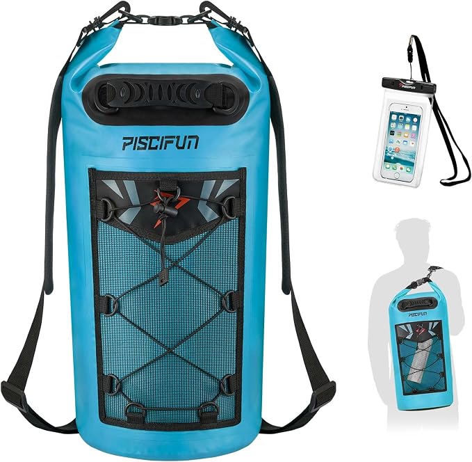 Piscifun Dry Bag, Waterproof Floating Backpack 10L/20L/30L/40L | Waterproof Phone Case, Adjustable shoulder straps, Roll-top closure keeps gear dry, Ideal for Boating, Kayaking, Fishing