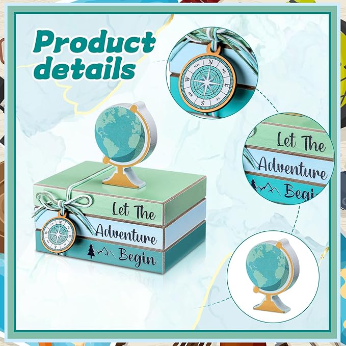 Pinkunn 4 Pcs Travel Themed Decorations Adventure Awaits Wooden Centerpieces, Let The Adventure Begin Book Stacks Table Toppers for World Bon Voyage Travel Around The World Home Office Desk Shelf