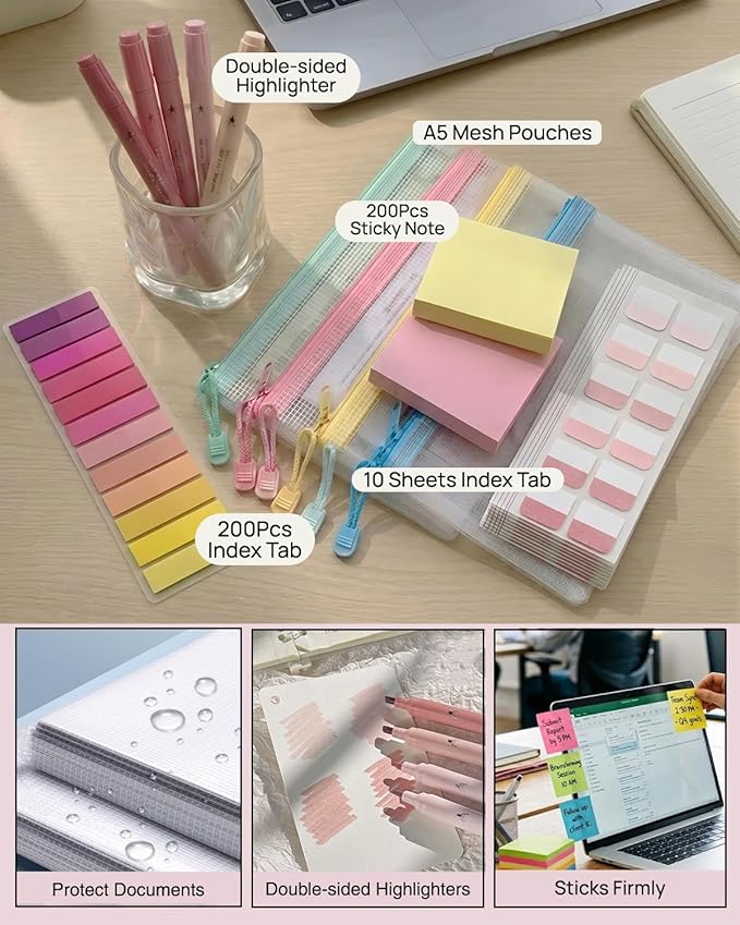 41Pcs Aesthetic Pink Office Supplies Set, All-in-One 5 Compartments Desk Organizer Kit with Large Capacity Pen Pouch, A5 Notebook for Women & Journaling (pink)