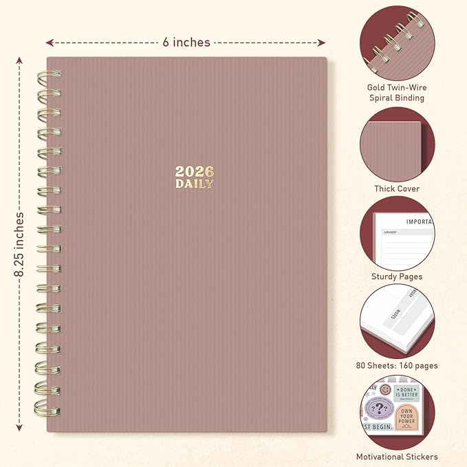 Sweetzer & Orange 2026 Planner – 6" x 8.25" Dated Daily, Weekly & Monthly Calendar Planner – January to December 2026 – Tiramisu Design with Motivational Stickers, Gold Spiral & Sturdy Paper