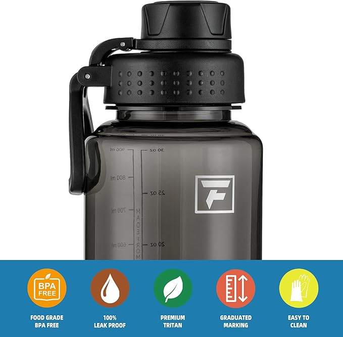 Fanhaw 32 oz Clear BPA-Free Tritan Water Bottle with Fast-Flow Spout Lid, Leakproof Wide-Mouth Reusable Bottle for Gym, School & Office (Black)