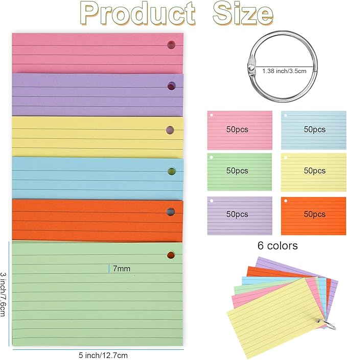 300 Sheets Colored Portable Index Cards 3x5 inches，Ruled Index Cards with Ring Lined Flashcards，flash cards for studying，Office School and Home（Six Colors，Each Color 50 Sheets Per Package）