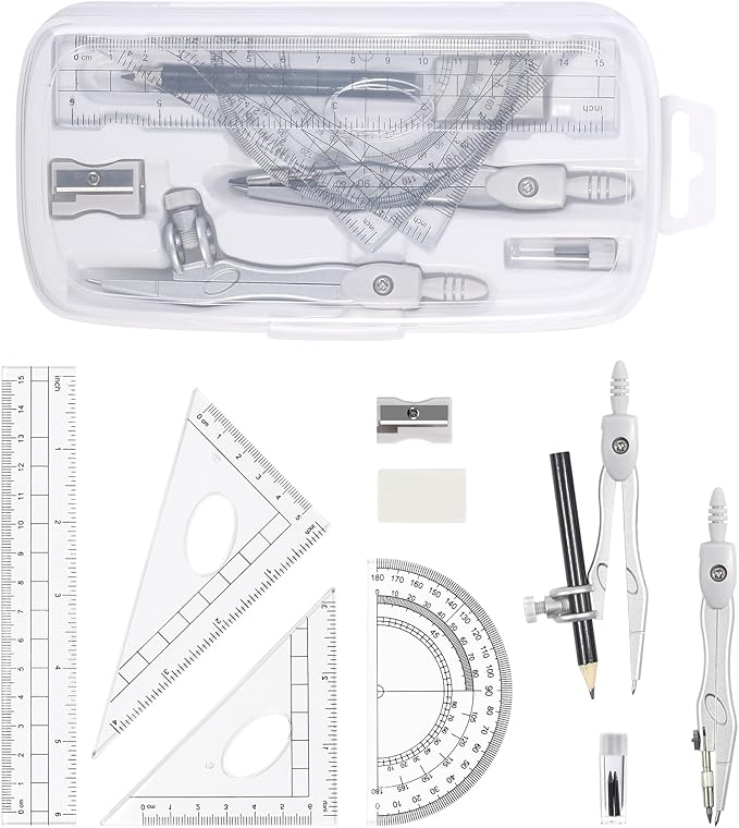 Unjoo Math Geometry Kit Sets 10 Piece Student Supplies with Shatterproof Storage Box,Includes Rulers,Protractor,Compass,Eraser,Pencil Sharpener,Lead Refills,Pencil,for Drafting and Drawings（Grey）