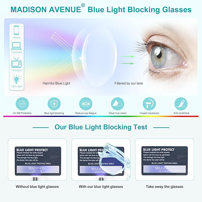 Madison Avenue Oversized Blue Light Blocking Glasses for Women Fashion Blue Light Blockers Anti Eyestrain & UV Protection Computer Eyeglasses (Light Blue)