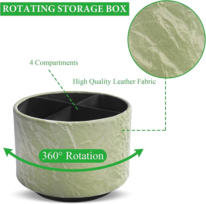 Round Leather Art Supply Organizer,Remote Control Holder,360 Degree Spinning,Multi-Functional Pencil Holder,4 Compartments Desktop Stationary Organizer(1-Hill Green)