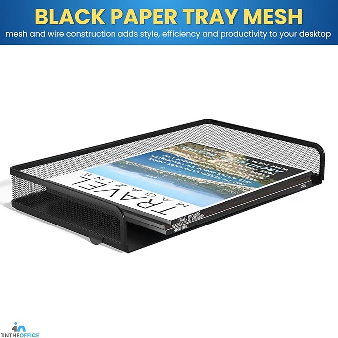 1InTheOffice Side Load Letter Tray Stackable, Black Mesh Tray Legal Size, "2 Pack"