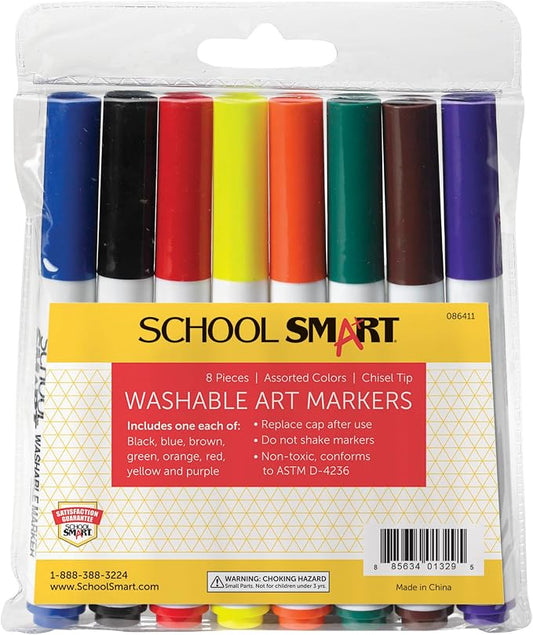 School Smart Chisel Tip Washable Markers for School, Home, and More, Assorted Colors, Pack of 8