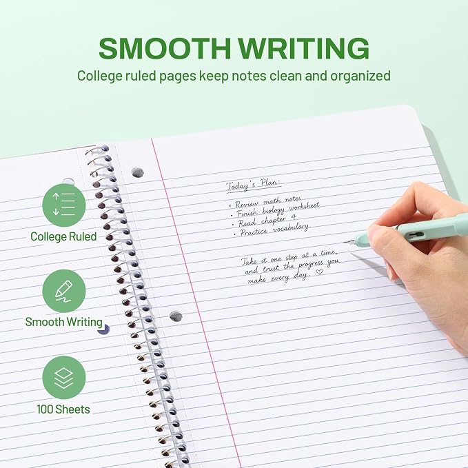 SUNEE Spiral Notebook, 1-Subject, College Ruled Paper, 8" x 10-1/2", 100 Sheets per Notebook, 3-Hole Punched Paper, Water Resistant Cover, Double-sided Pockets, Dark Green