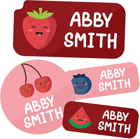 Personalized Daycare Name Labels for Kids, (130 Pack) Waterproof Custom Name Stickers for Clothing Tags, Lunch Boxes and School Supplies, Made in USA by MSC -Fruits
