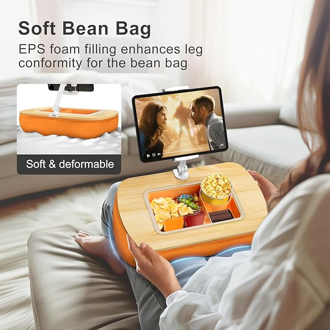 ERGONOV Tablet Pillow Stand for Lap Use with Snack Bowl and 360° Rotating Arm, Adjustable iPad Holder for Bed, Couch, and Recliner, Compatible with 4.7"-13" Kindle, iPad, Tablet, Phone,Orange