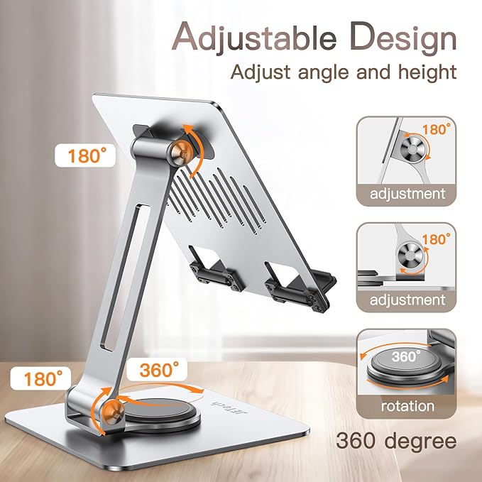 JETech Tablet Stand, Adjustable Swivel Desktop Holder with 360 Degree Rotating Base, Foldable Cradle for iPad/iPad Air/Pro/Mini, Galaxy Tab A11/A9/S11/S10 FE, Tab/Phones(4-13"), Silver