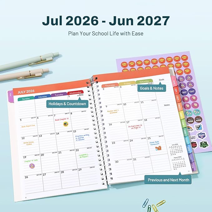 Student Planner 2026-2027, SUNEE Middle or High School Datebooks Student Planner for Academic Year Jul. 2026 - Jun. 2027, 6.5" x 8.3" Lesson Plan Book with Bookmark, Planning Stickers, Aurora Sky
