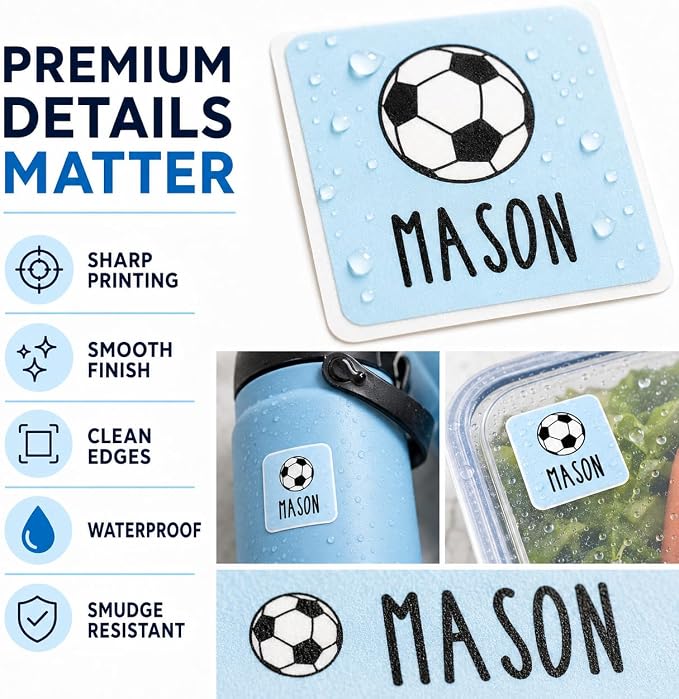 Andaz Press Custom Personalized Waterproof School Name Labels, Soccer, 120-Pack, Kids Labels Combo Pack, Customizable Multi-Use Name Stickers Personalized School Supplies Camp Label Daycare Stickers