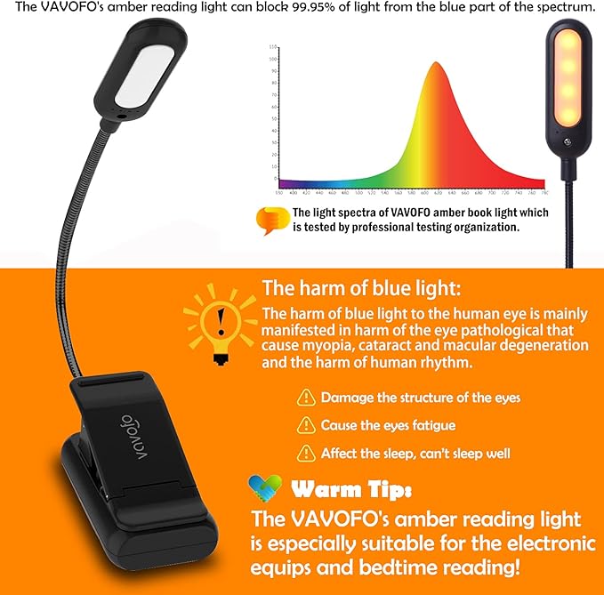 VAVOFO Amber Rechargeable Book Lights, Blue Light Blocking Reading Lights, 7 LEDs Eye Care 9 Colors 9 Brightness Clip On for Bookworms with Power Indicator Lasting 70h (2-Pack, Black)